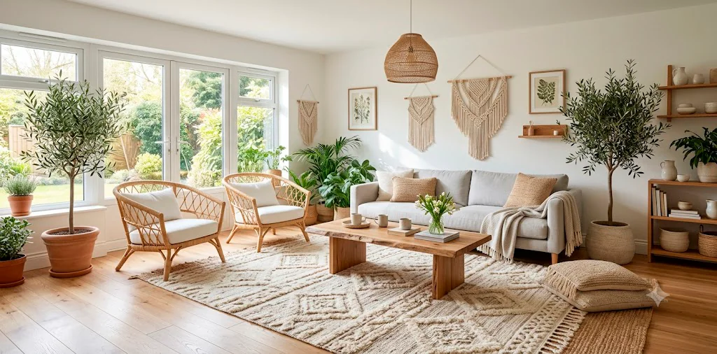 Scandi-Boho living room with a textured cream tufted Moroccan rug, rattan chairs, and soft spring sunlight.