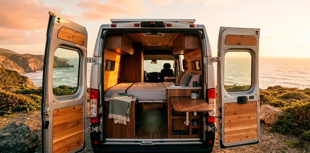 Open back doors of a modern space-saving camper van interior parked on a coastal cliff at sunset.