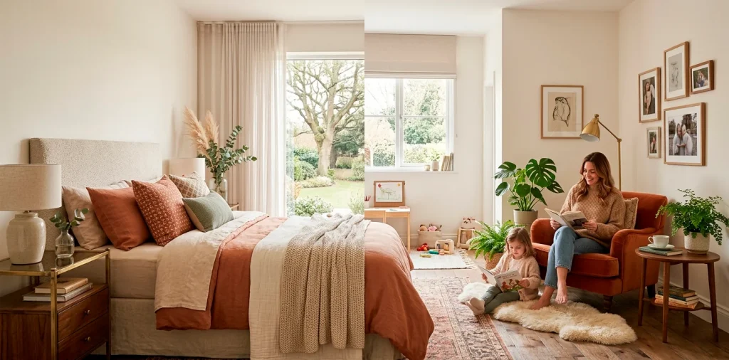 Cozy mother and daughter shared bedroom retreat featuring layered bedding, warm terracotta tones, and an inviting reading nook.