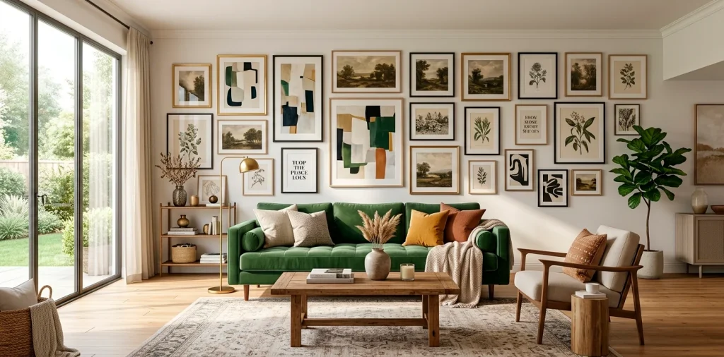 Modern living room with a stunning eclectic gallery wall featuring mixed frames over a green velvet sofa