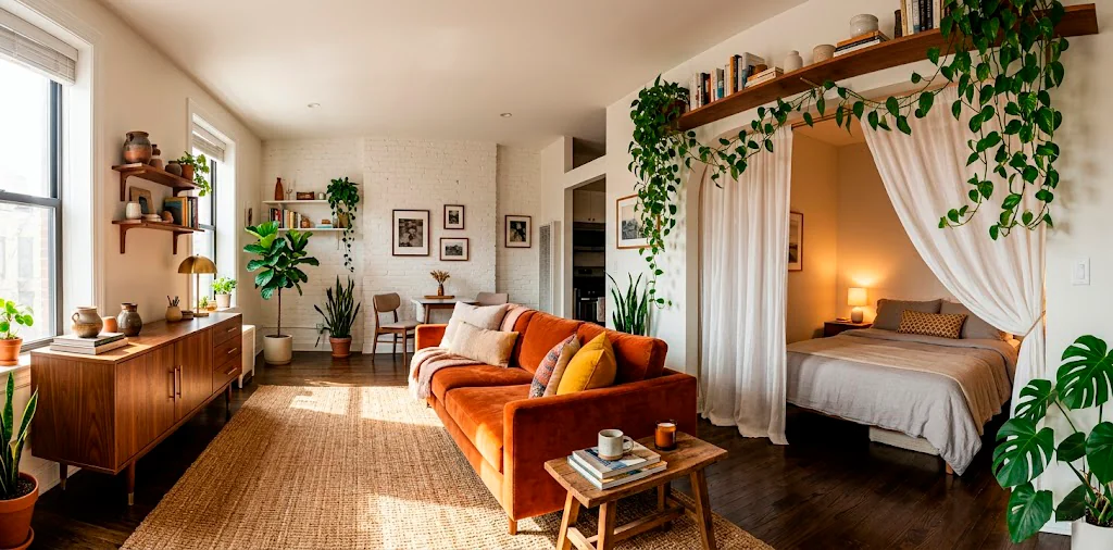 A warmly lit studio apartment featuring a velvet sofa, mid-century credenza, and a cozy sleeping alcove behind sheer curtains.