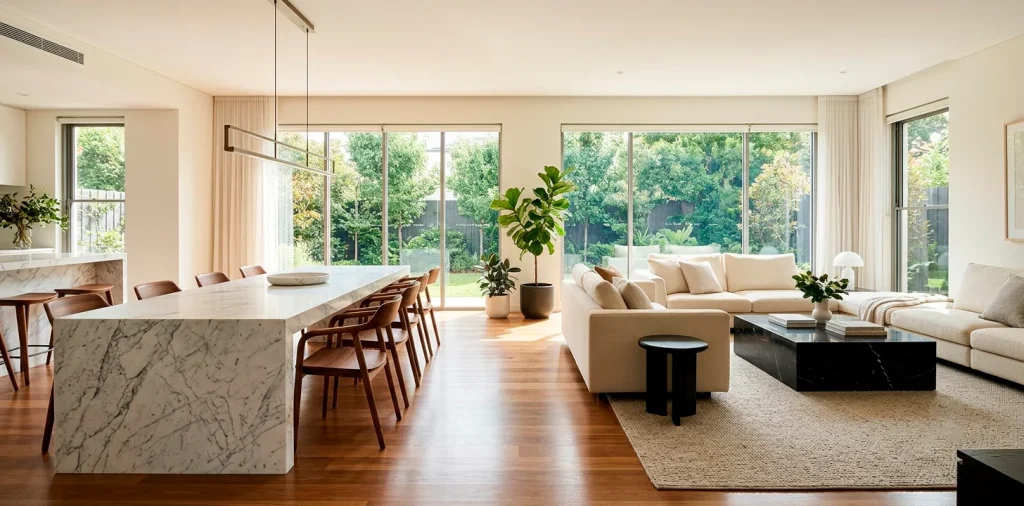 Luxurious open-plan home interior featuring a white Carrara marble dining table and a black marble coffee table in natural light.