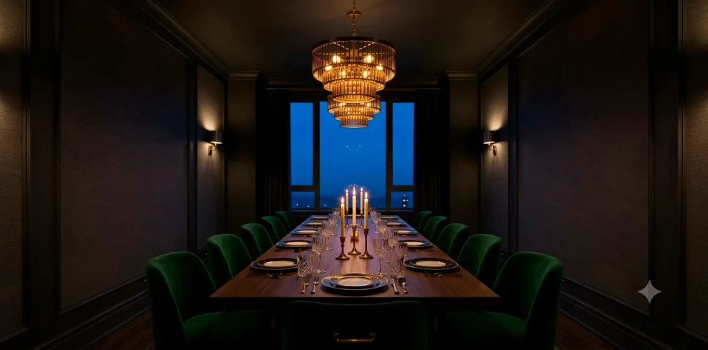 Luxurious moody dining room with layered lighting, brass chandelier, and dark charcoal walls.