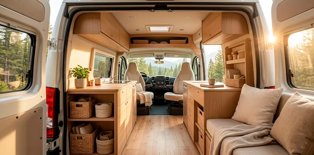 Beautifully organized and airy modern camper van interior showing minimalist cabinets and clean spaces.