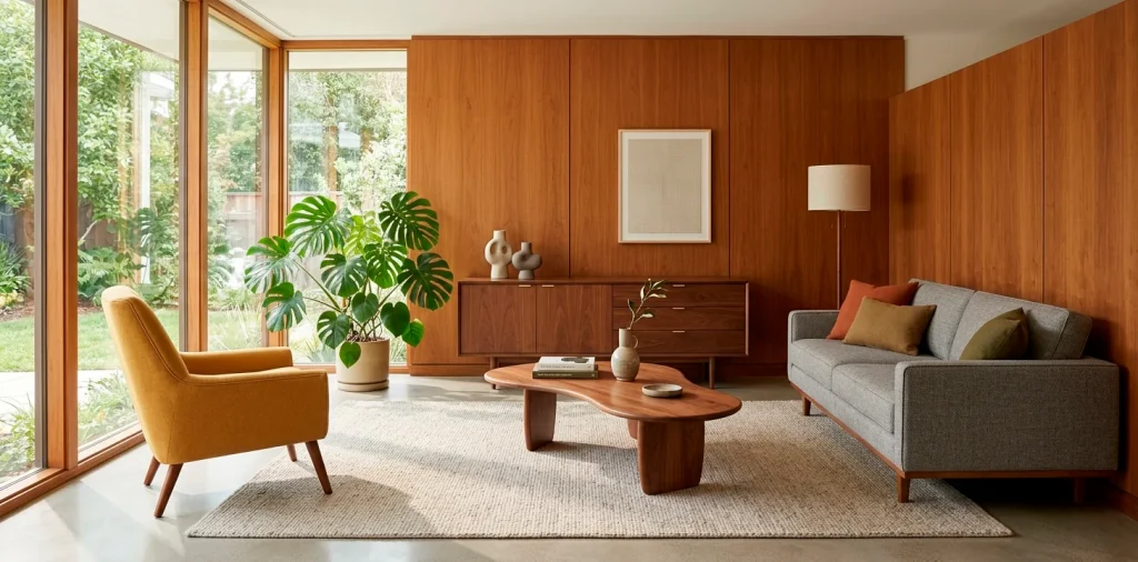 Mid Century Modern living room with warm teak furniture, an organic kidney-bean coffee table, and a vibrant mustard yellow accent chair.