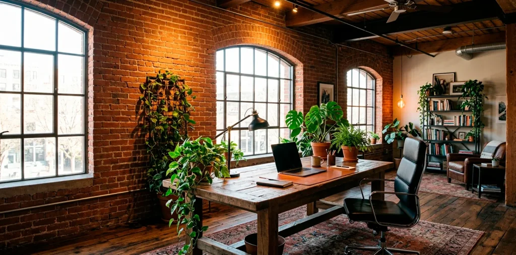 Realistic industrial loft home office featuring exposed red brick walls, a reclaimed wood desk, and vintage lighting.