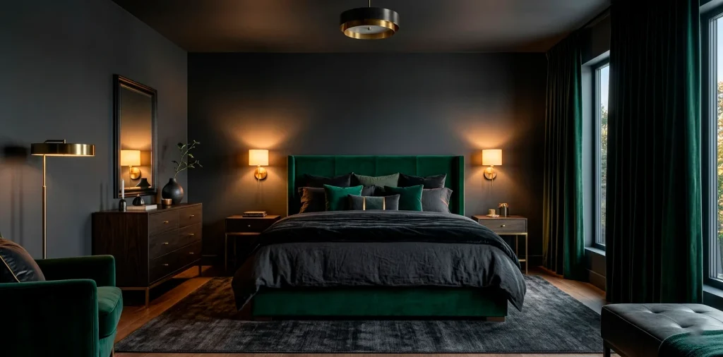 Moody bedroom featuring charcoal walls, an emerald velvet bed, and warm brass wall sconces.