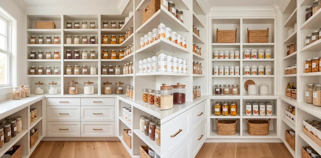 Beautifully organized modern walk-in pantry featuring neatly arranged canned goods on white shelves
