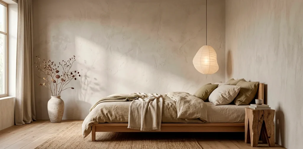 Wide view of a Japandi bedroom featuring rumpled linen bedding, a textured wabi-sabi plaster wall, and an asymmetrical layout with a paper lantern.