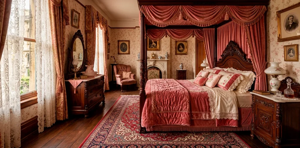 Soft rose accents in a romantic Victorian bedroom featuring velvet bedding and vintage wooden furniture.