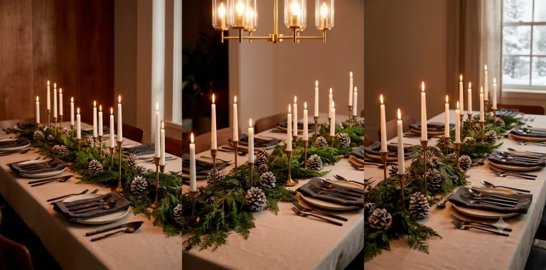 Beautifully styled holiday dining table featuring lush cedar garlands and glowing white taper candles.