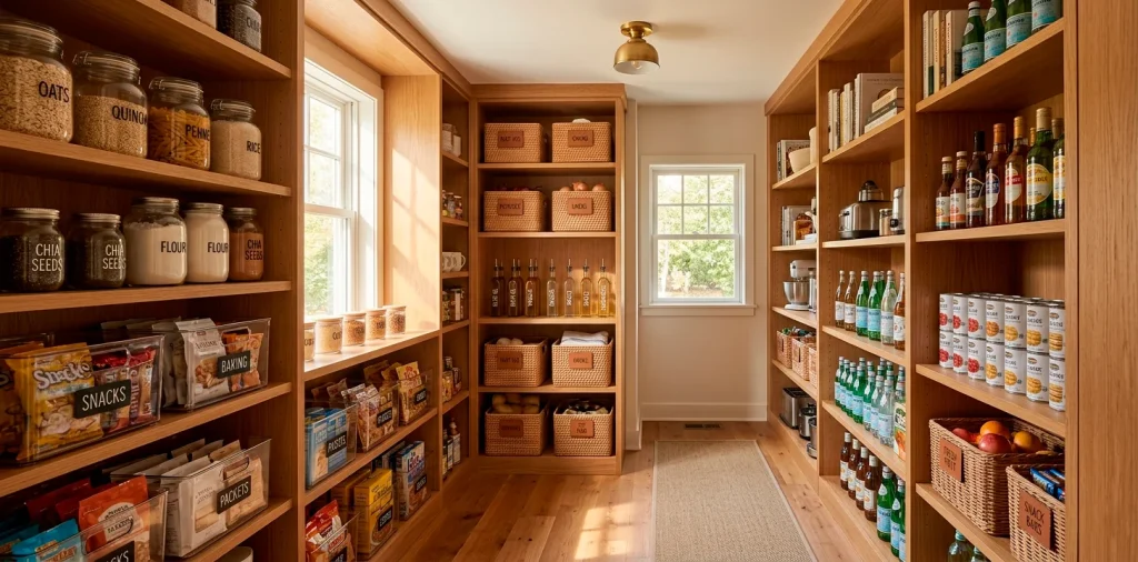 A beautifully organized walk-in pantry with wooden shelves, glass jars, and woven baskets holding various food items.