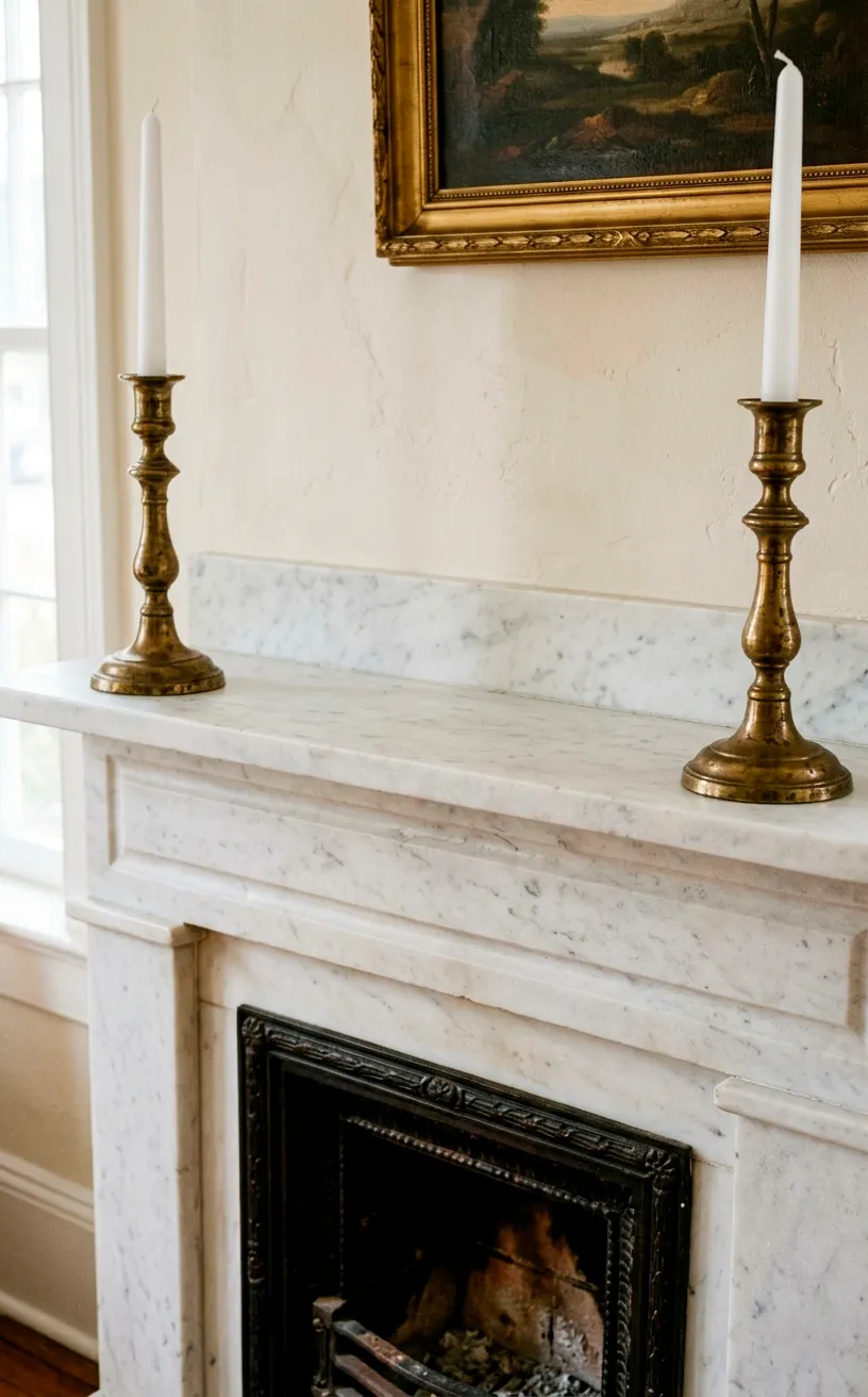 White marble fireplace mantle featuring identical tall brass candlesticks on each end.