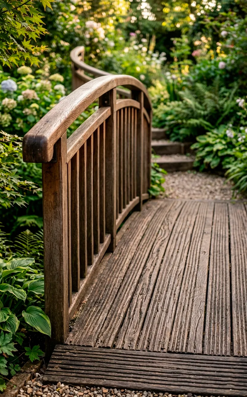 Detailed shot of an elegant wooden handrail and anti-slip decking on a garden bridge