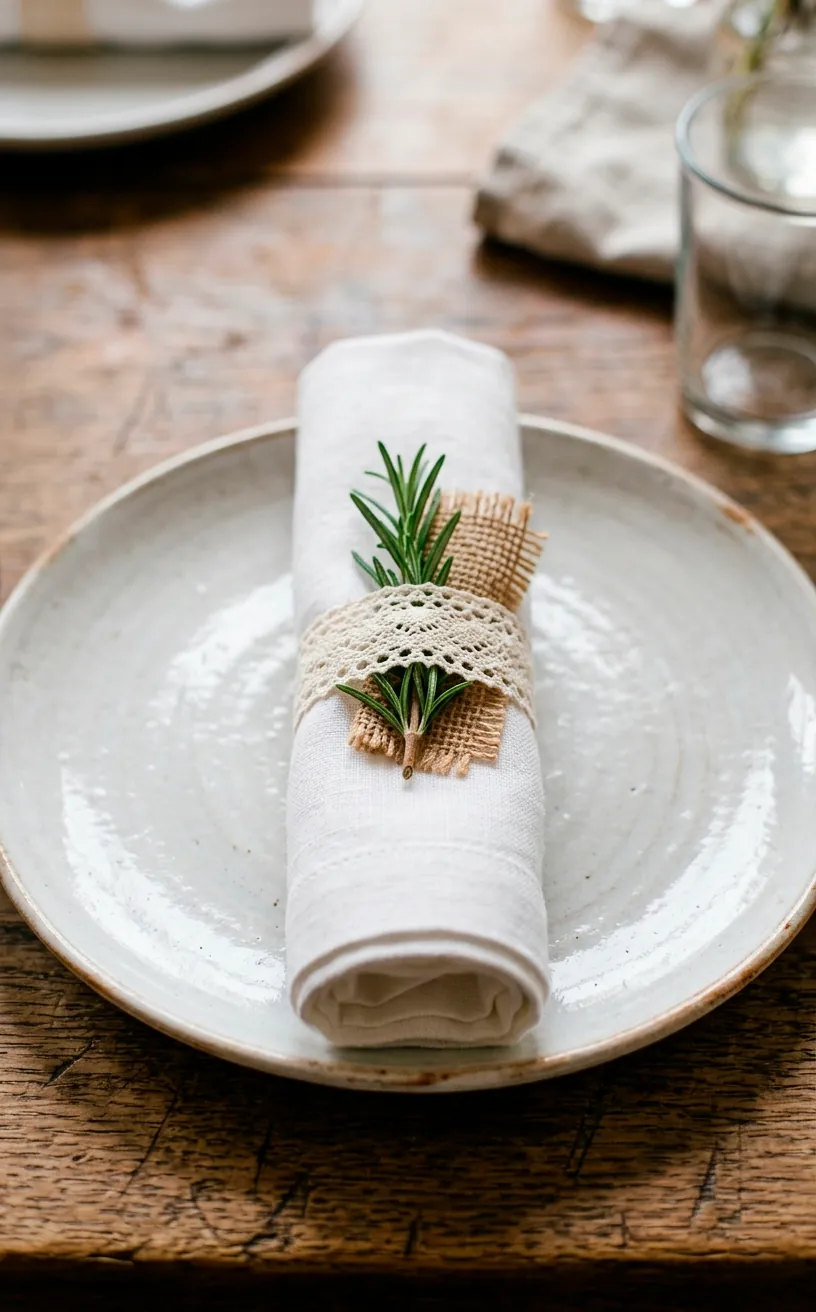 Rolled white linen napkin tied with lace and decorated with a rosemary sprig