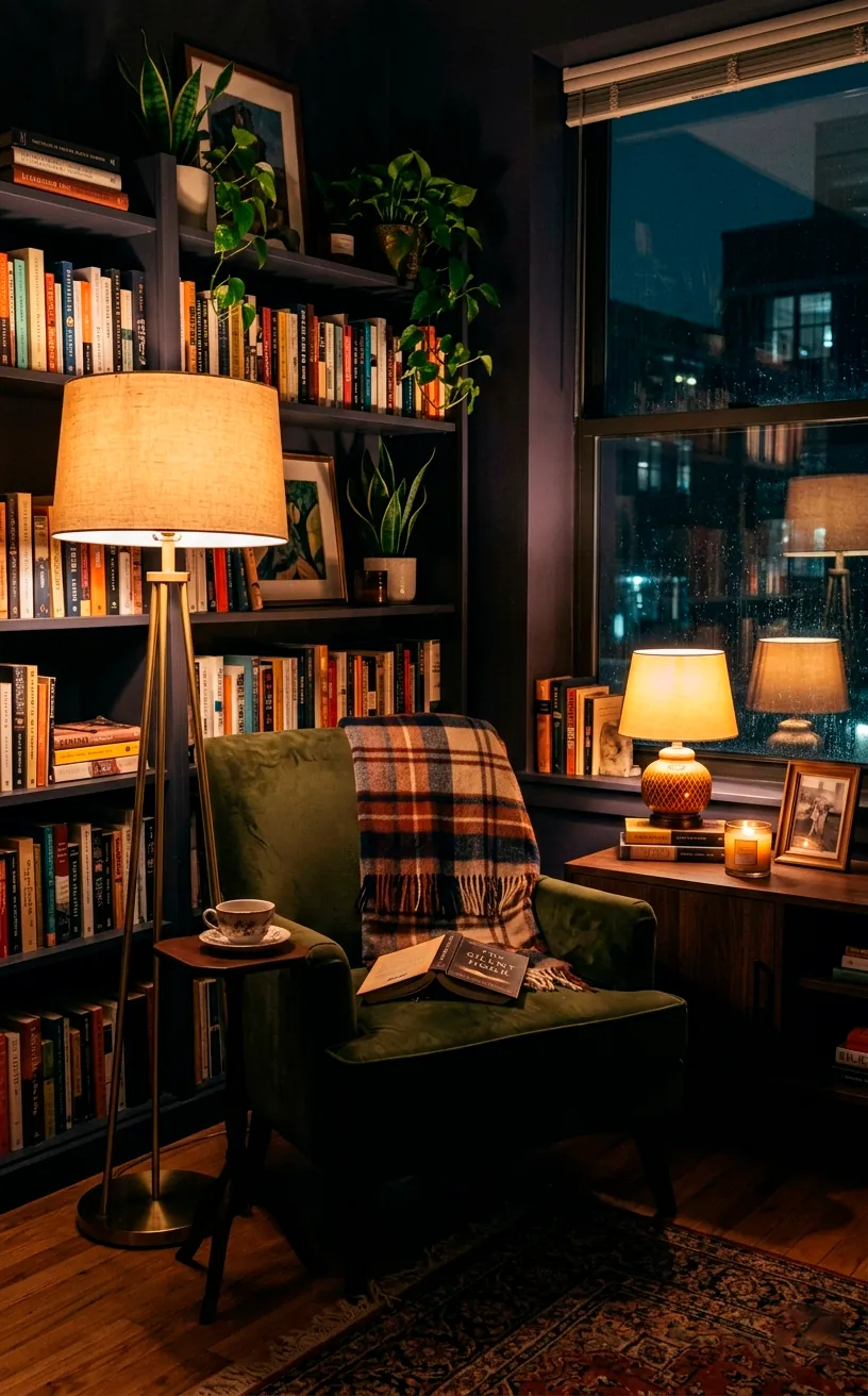 A cozy living room illuminated by warm layered lighting, a brass floor lamp, and a table fixture.