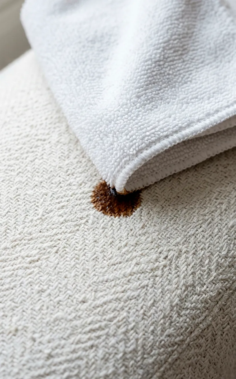 Microfiber cloth blotting a small coffee spill on a white couch