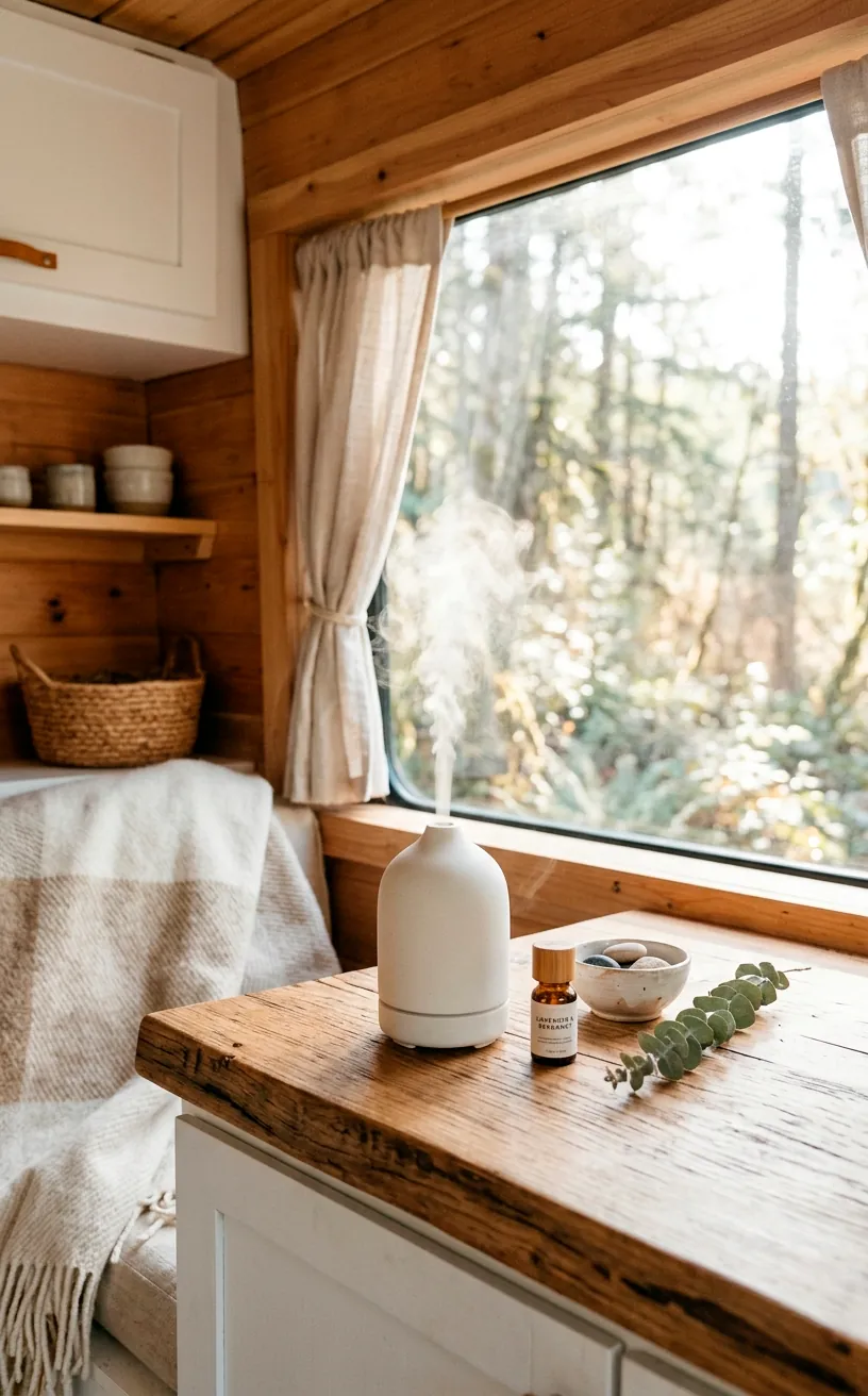 Minimalist ceramic essential oil diffuser running inside a bright camper van.