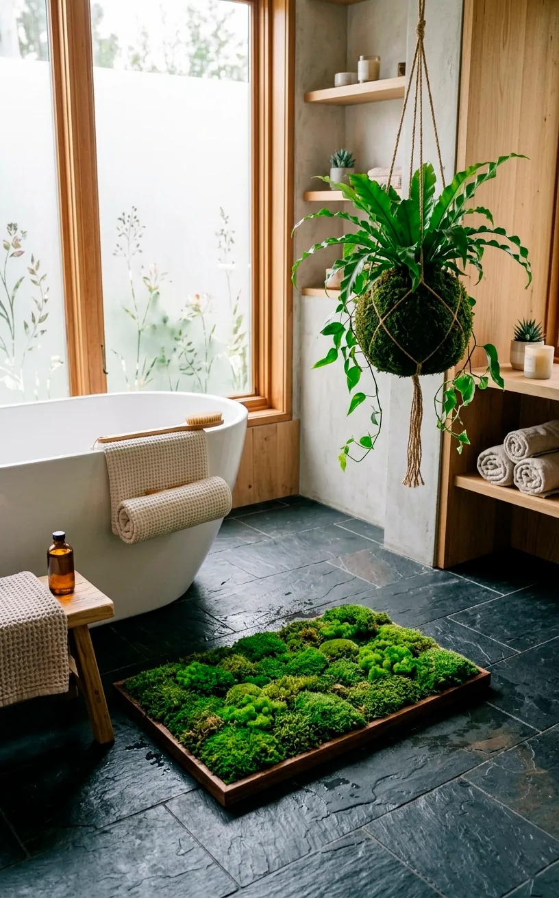 Spa-like bathroom featuring a live green moss bath mat and hanging kokedama string garden.