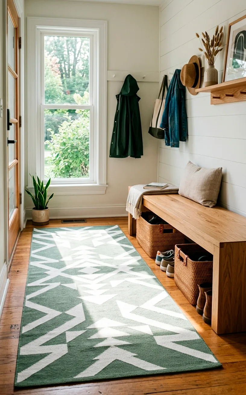 Sage green geometric flat-weave rug in a minimalist Scandi mudroom.