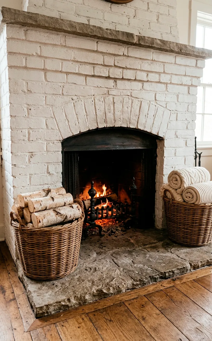 Symmetrical fireplace hearth featuring identical woven baskets with birch logs and blankets.