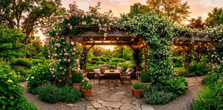 A stunning backyard oasis with pink roses and white jasmine climbing a wooden pergola at sunset.