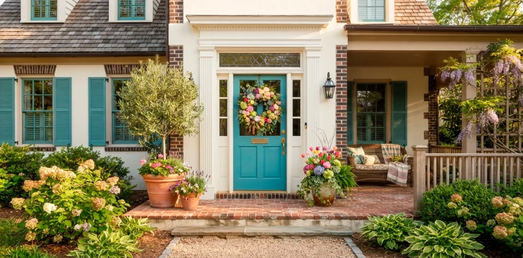 Beautiful Mother's Day spring floral wreath hanging on a bright front door with welcoming porch decor.