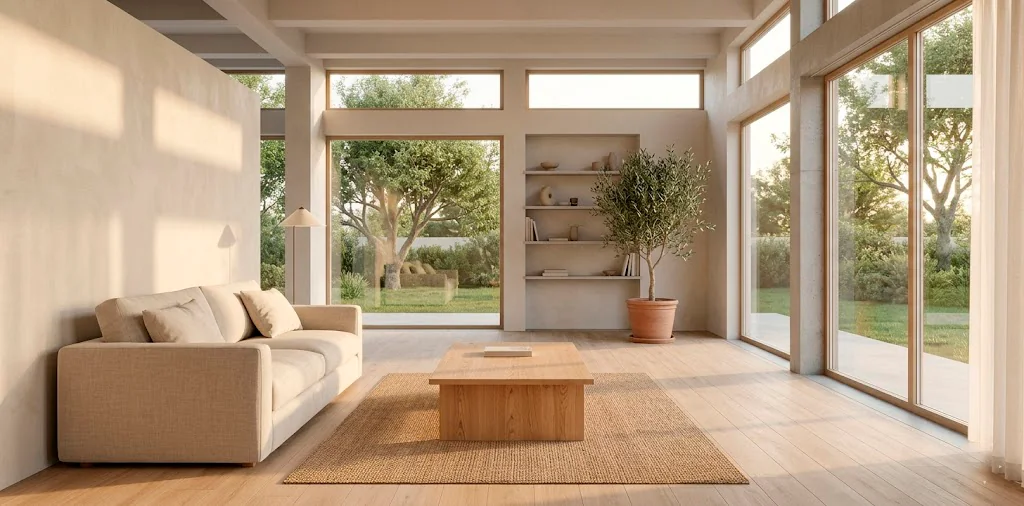 A beautifully illuminated minimalist living room at golden hour with a low-profile linen sofa and natural wood coffee table.