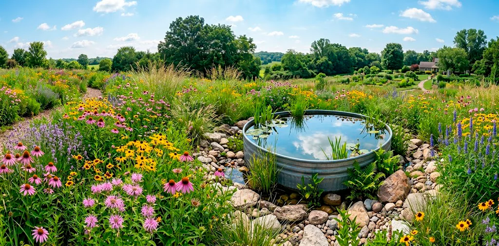 Wide landscape view of a galvanized stock tank pond surrounded by native wildflowers and grasses in a lush backyard.