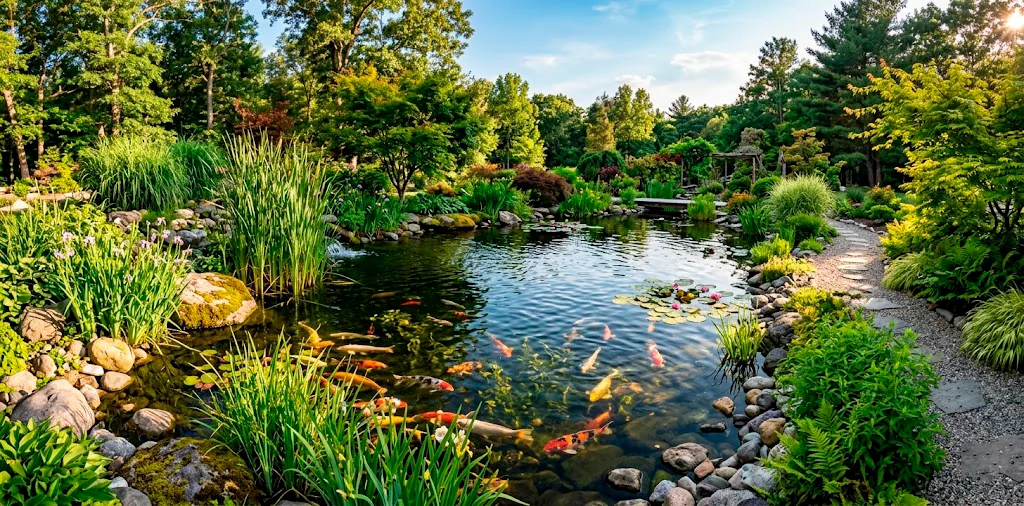 Breathtaking dynamic fish pond surrounded by lush aquatic grasses and tall reeds in a vibrant backyard.