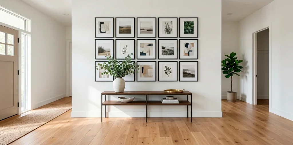 Modern entryway featuring a sleek black and white grid gallery wall above a wood console table