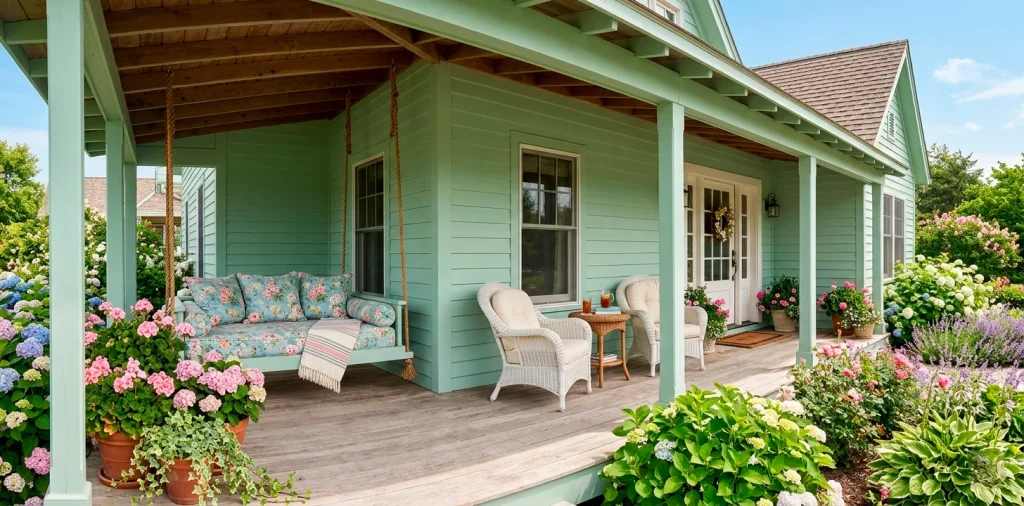 Wide view of a sweet summer cottage porch featuring mint green floorboards, wicker chairs, and pink flowers