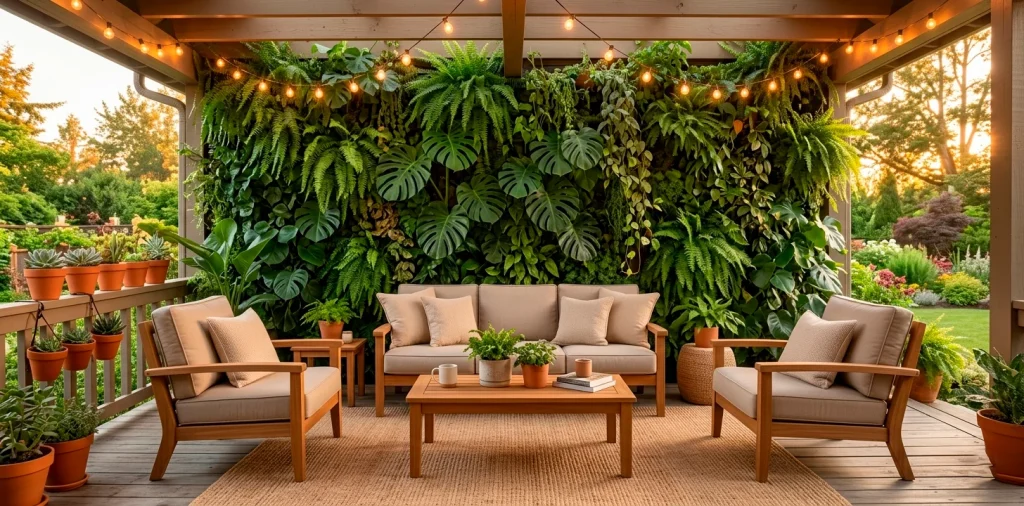 Beautifully styled outdoor porch with a lush green living wall, wooden furniture, and warm string lights