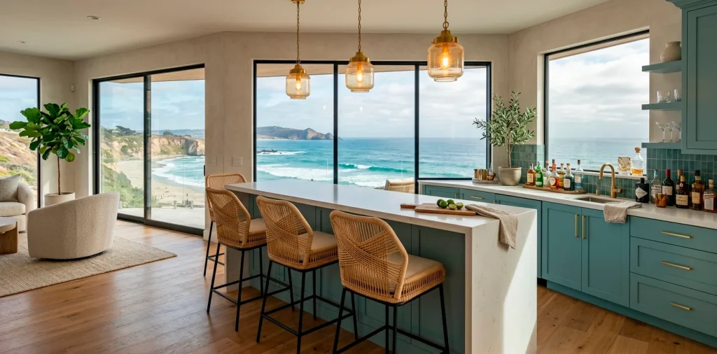 Modern coastal home bar with teal cabinets and rattan stools for relaxed indoor entertaining.