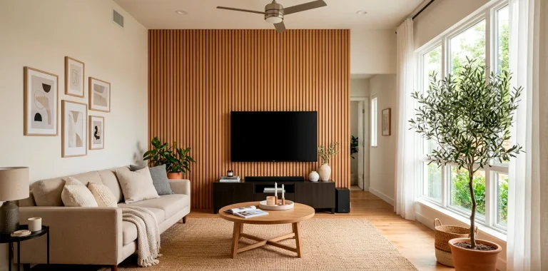 Modern small living room featuring a wooden slat TV wall that draws the eye upward to high ceilings.