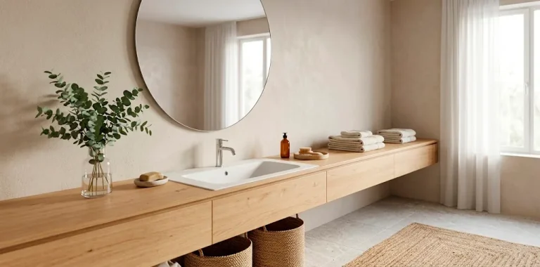 Wide view of a bright Scandinavian bathroom featuring a light wood vanity, white basin, and natural sunlight