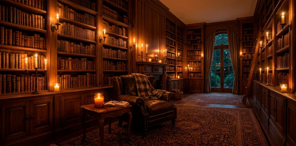 Elegant home library with wooden bookshelves and a leather armchair glowing with warm candle light