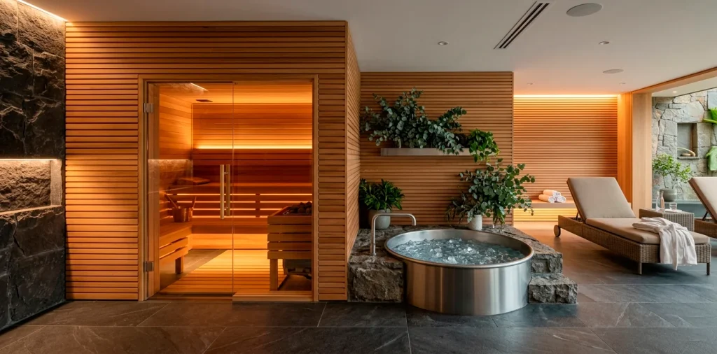 Modern indoor wellness suite featuring a glass-front cedar sauna and a stainless steel cold plunge tub on dark stone floors.