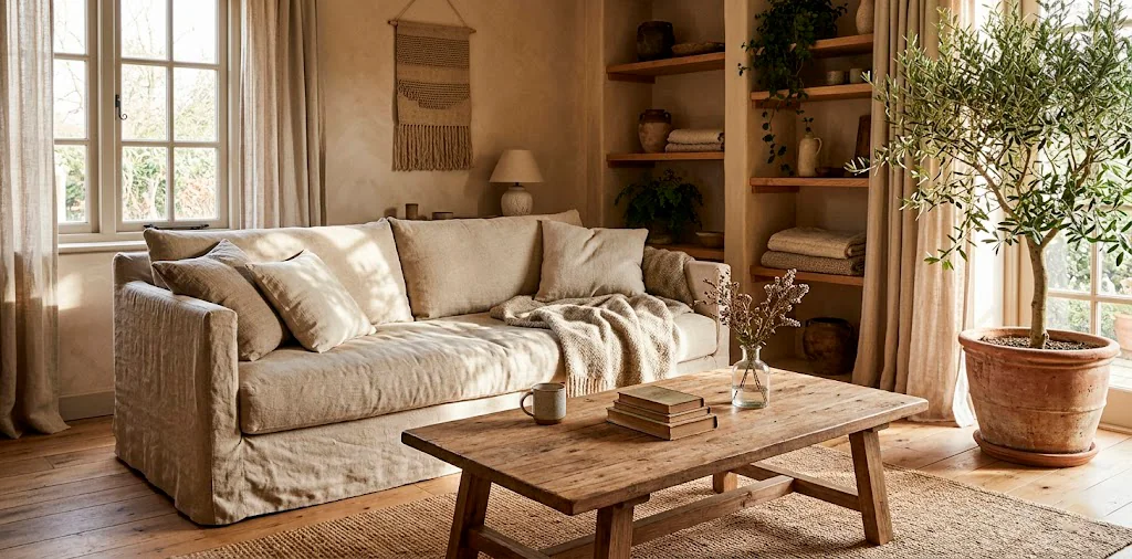 Earthy living room featuring a raw linen slipcovered sofa, wooden coffee table, and natural sunlight filtering through.