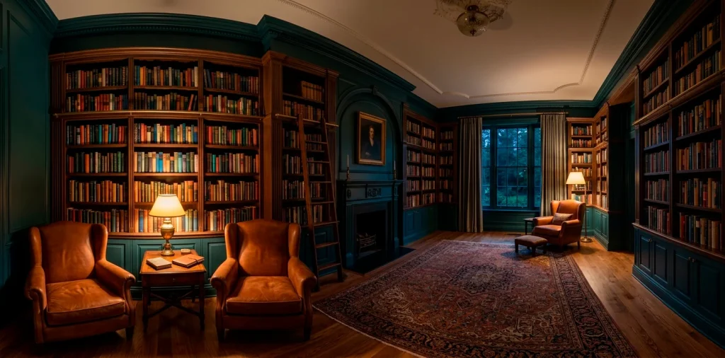 Panoramic view of a sophisticated dark teal home library with built-in bookshelves and cognac leather armchairs.