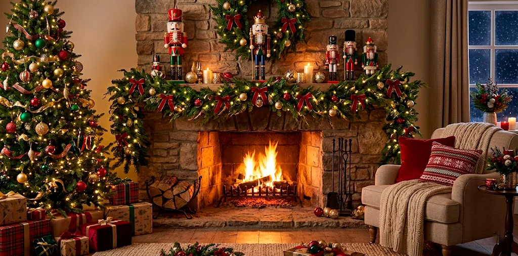 Cozy living room fireplace decorated with nutcrackers, thick evergreen garland, and warm fairy lights for Christmas.