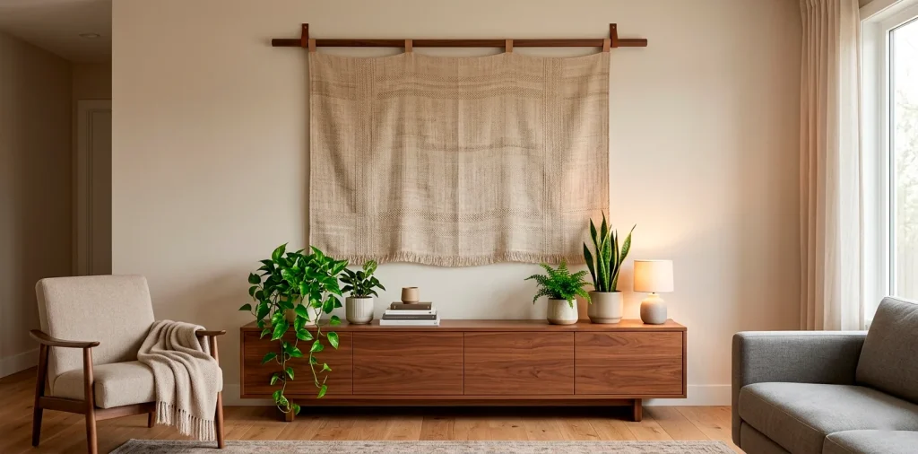 Wide view of a modern living room featuring a massive DIY linen fabric wall hanging above a wooden credenza.