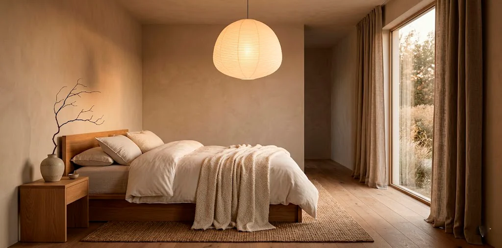 Romantic Japandi style bedroom retreat with low profile bed, soft paper lanterns, and warm neutral tones for Valentine's Day