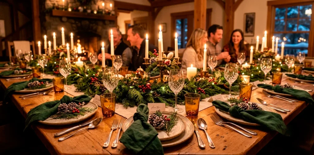 Elegant winter dinner table setting with dark green linen napkins folded neatly on ceramic plates with warm candlelight.