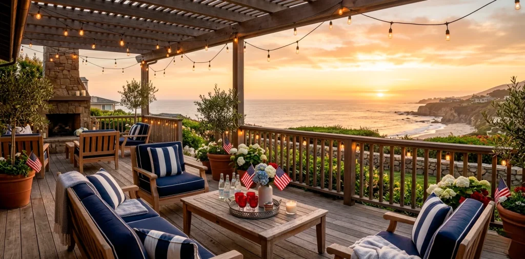 Elegant coastal patio with navy and white striped cushions, subtle red accents, and teak furniture for Memorial Day.