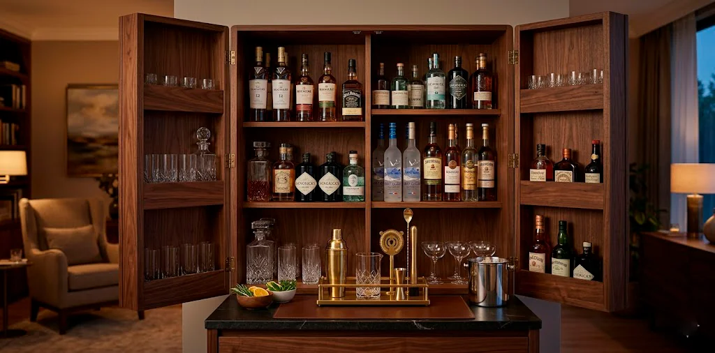 Elegantly organized home bar cabinet showing perfectly categorized liquor bottles and premium bar tools.