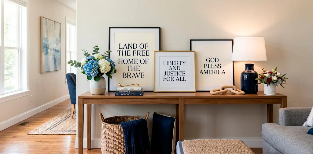 Modern entryway console table decorated with Memorial Day typography prints and subtle patriotic floral accents