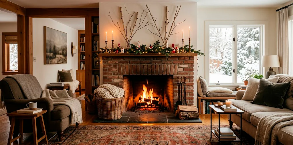 Cozy winter living room mantle decorated with brass candlesticks, birch branches, and a woven basket.