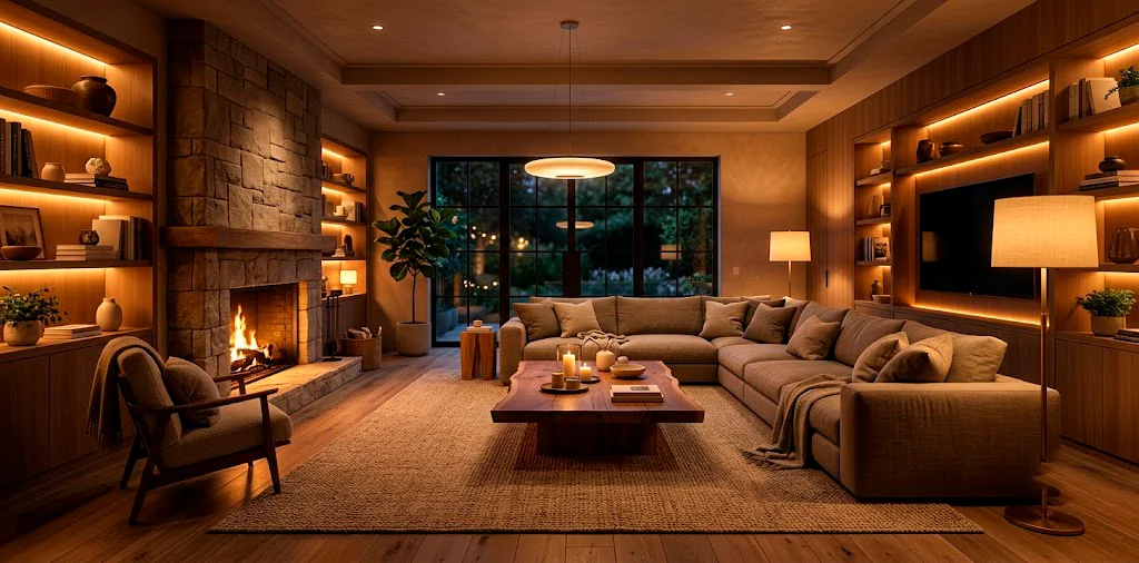 A cozy living room illuminated by soft amber mood lighting, featuring warm floor lamps and a glowing fireplace.