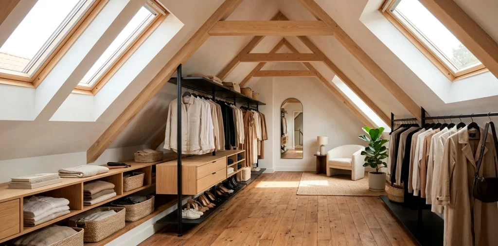 Wide view of a minimalist open concept attic wardrobe with slanted ceilings, floating drawers, and sleek metal clothing racks.